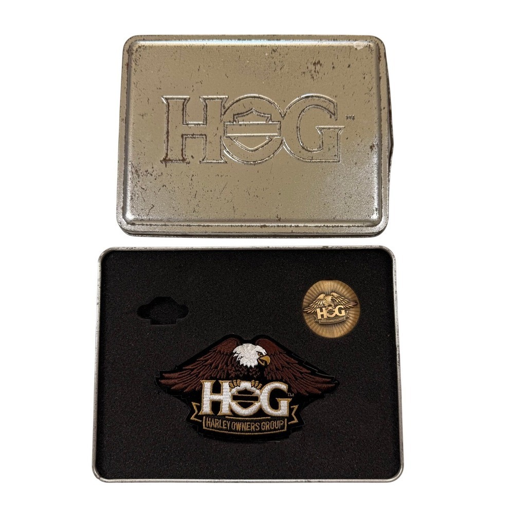 Harley Davidson HOG Welcome Kit Eagle Patch and Challenge Coin in Metal Tin